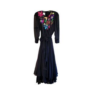 Vintage Diane Freis Original Black Silk Dress With Colorful Beaded Floral Design